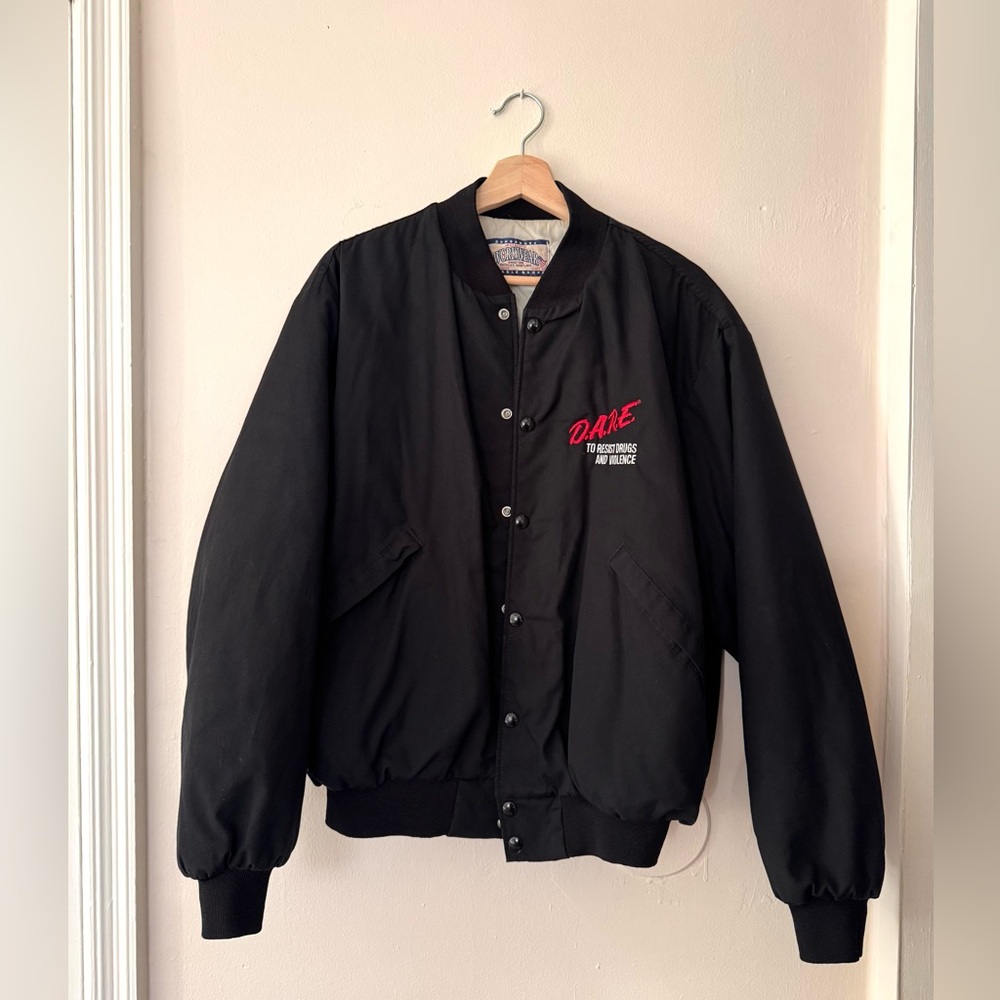 Vintage Y2K Black D.A.R.E. Lightweight Bomber Jacket with Red Embroidered Logo